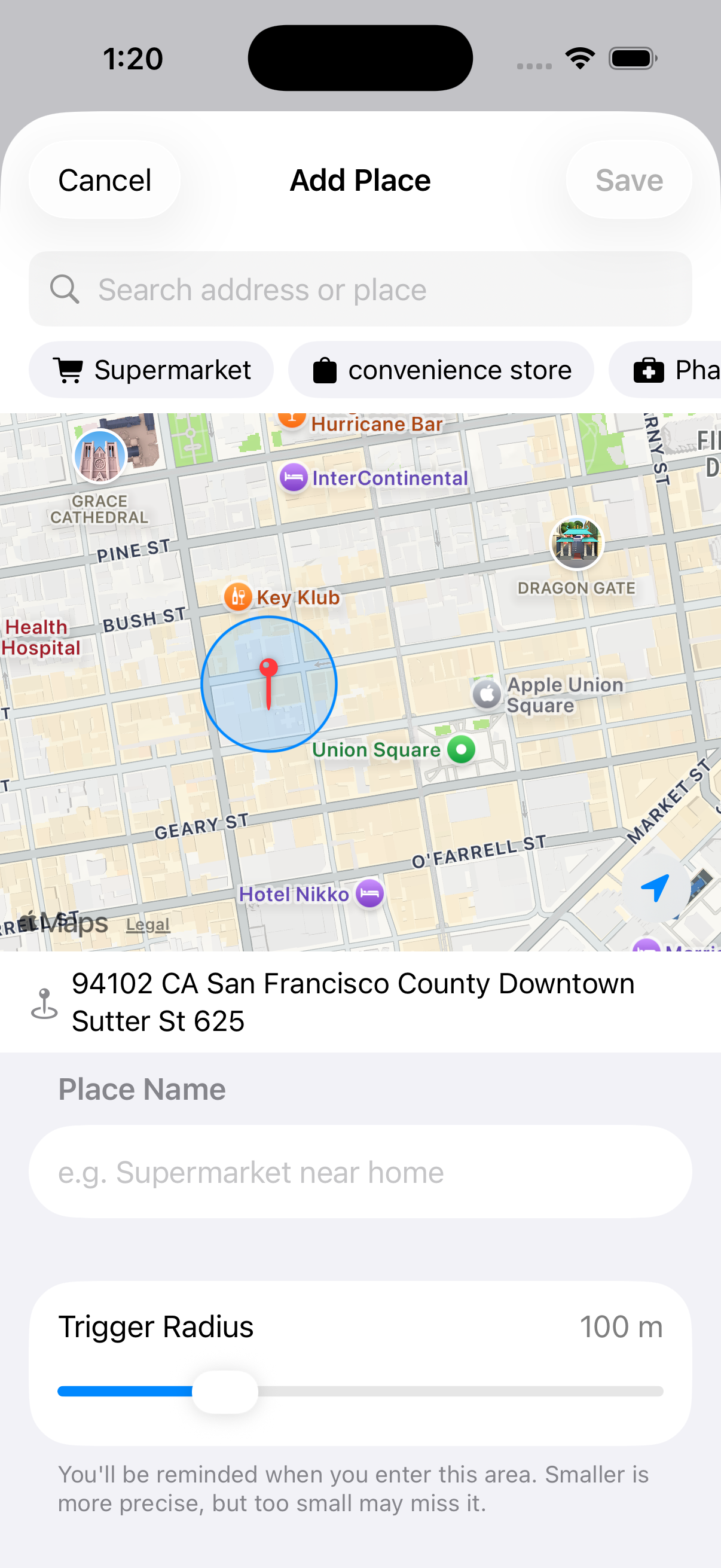 Errand Pin — add a place with trigger radius on map