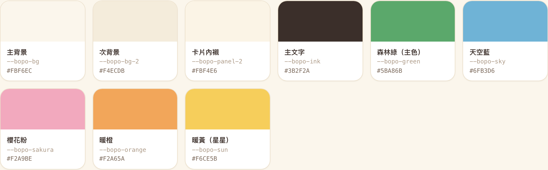 Bopomofo Land design tokens — colour palette swatches with hex values